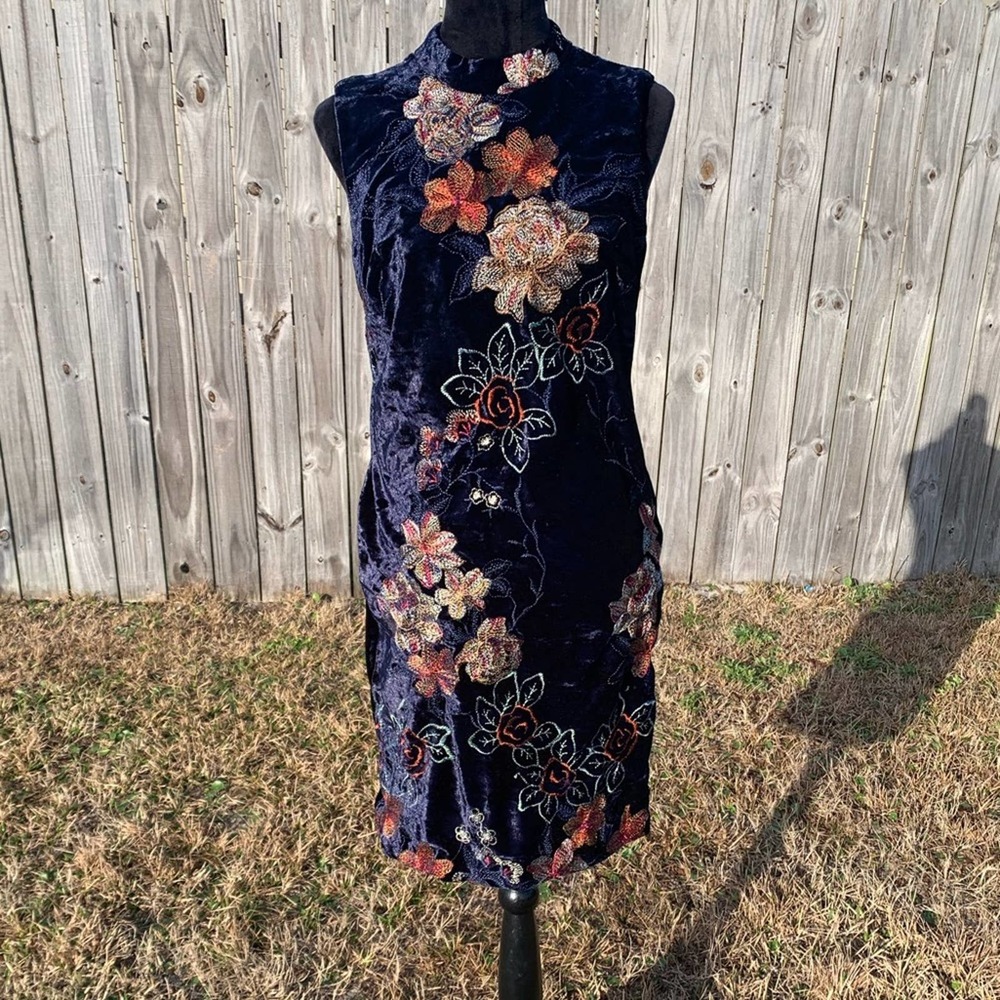 ECI Velvet Embroidered Navy Floral Dress 8
